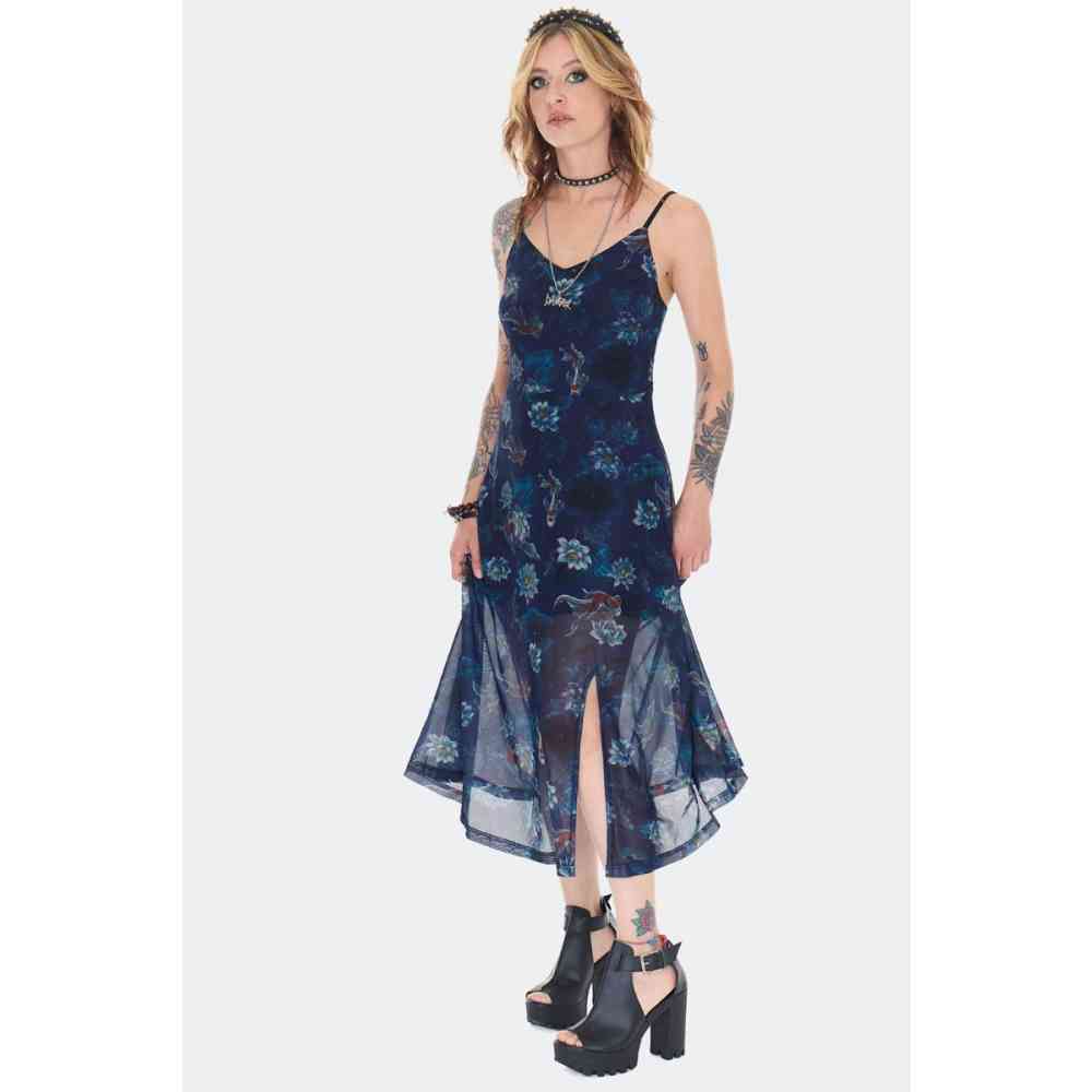 Jawbreaker - Flower Print Cami Mesh Midi Langes Kleid - Dunkelblau